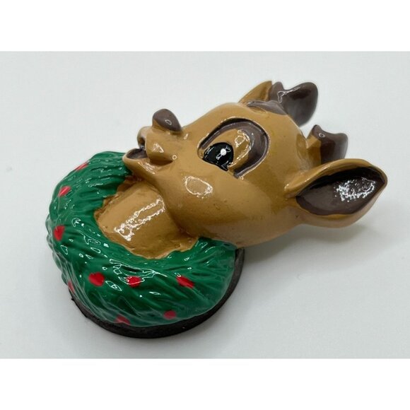 Christmas Reindeer Head Refrigerator Magnet Vintage Brown Deer with Wreath - Picture 5 of 6